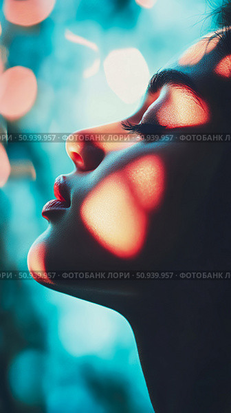 Close-up Profile Portrayal: A Serene Female Silhouette Bathed in a Dreamlike Light. Стоковое AI-изображение, AI-художник Данила Большаков / Фотобанк Лори