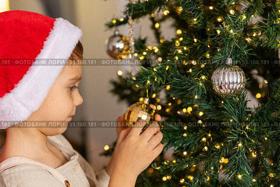 Close up side view of a cute happy little boy in red Santa hat decorating a Christmas tree in the living room at home. Merry Christmas and happy New Year winter holidays. High-quality photo. Стоковое фото, фотограф Ирина Михайличенко / Фотобанк Лори