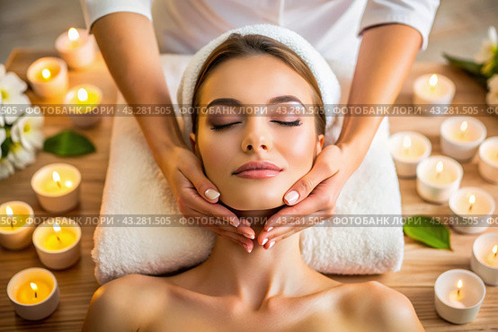 Close-up. View from above. A young, beautiful woman on spa treatments at beauty spa. The concept of a healthy lifestyle, relaxation, beauty treatments, self-love. Стоковое AI-изображение, AI-художник Photojuli / Фотобанк Лори