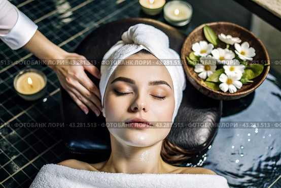Close-up. View from above. A young, beautiful woman on spa treatments at beauty spa. The concept of a healthy lifestyle, relaxation, beauty treatments, self-love. Стоковое AI-изображение, AI-художник Photojuli / Фотобанк Лори
