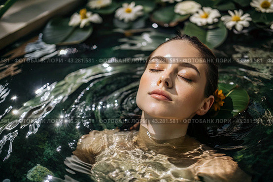 Close-up. View from above. A young, beautiful woman on spa treatments at beauty spa. The concept of a healthy lifestyle, relaxation, beauty treatments, self-love. Стоковое AI-изображение, AI-художник Photojuli / Фотобанк Лори