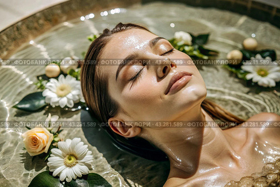 Close-up. View from above. A young, beautiful woman on spa treatments at beauty spa. The concept of a healthy lifestyle, relaxation, beauty treatments, self-love. Стоковое AI-изображение, AI-художник Photojuli / Фотобанк Лори