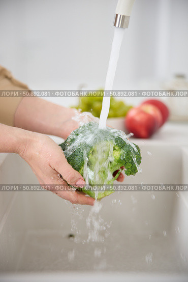 Close up view of a woman washes broccoli under the pressure of flowing water in the white kitchen, tomatoes and green grapes in the background. Стоковое фото, фотограф Vladimir Drozdin / Фотобанк Лори