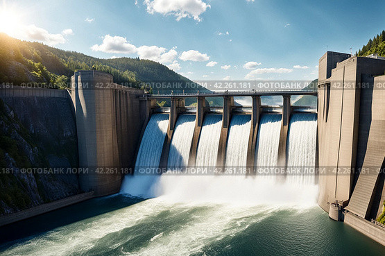 Close-up view of modern giant dam on Parana river, South America. Itaipu Binacional hydroelectric power station in Foz do Iguazu Brazil on border Paraguay. Hydro electrification concept. Copy space. Стоковое AI-изображение, AI-художник Aleksandr Golubev / Фотобанк Лори