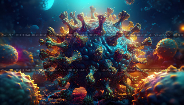 Close-up visualization of a coronavirus particle. Landscape surrounds a central viral structure, emphasizing intricate surface formations. Colors illuminate scene, creating an otherworldly ambiance. Стоковое AI-изображение, AI-художник Андрей Ка / Фотобанк Лори