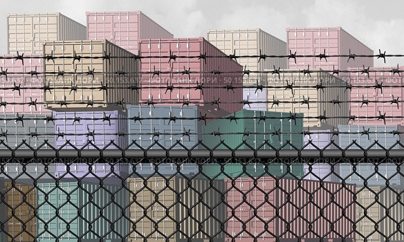 Closed economy and barrier to trade and economic restrictions as a fence restricting import and export commerce and global trading business industry with a shipping port concept as a 3D illustration elements. Стоковое фото, агентство Ingram Publishing / Фотобанк Лори