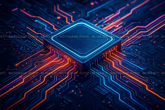 Closeup futuristic computer chip on illuminated circuit board with neon blue and orange traces highlighting high performance electronics technology innovation concept background. Стоковое AI-изображение, AI-художник Павел Муравьев / Фотобанк Лори