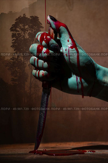 Closeup, Ghost woman or zombie hold knife for kill with blood violence in house of ruin, nightmare, horror of scary fear on hell is monster devil in halloween festival. Стоковое фото, агентство Ingram Publishing / Фотобанк Лори