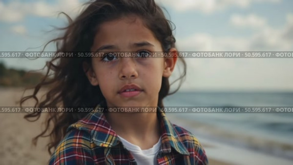 Closeup shot of pretty teenage girl with long dark curly hair wearing casual cozy plaid shirt, staying alone, thinking, dreaming, watching at camera, catching wind in her haircut. Стоковое AI-видео, аниматор Sergey Grishin / Фотобанк Лори