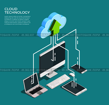 Cloud computing technology users network configuration isometric advertisement poster with pc monitor tablet phone laptop vector illustration . Cloud Computing Technology Isometric Poster . Стоковая иллюстрация, агентство Ingram Publishing / Фотобанк Лори