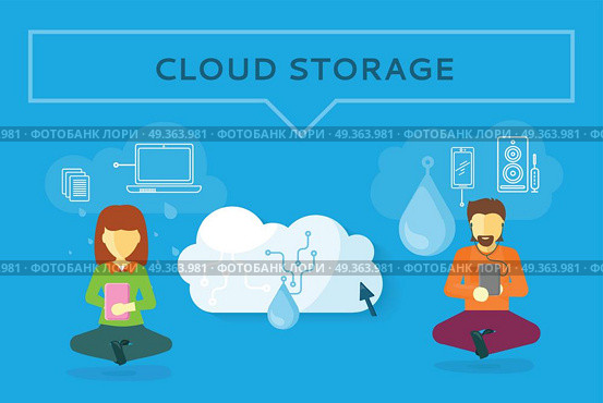 Cloud Storage Web Banner in Flat Style. Cloud storage web banner in flat style. Information sharing and saving. Servers, users, drops, computer networks,media icons. Illustration for video presentation or corporate ad animation clip. Стоковая иллюстрация, агентство Ingram Publishing / Фотобанк Лори