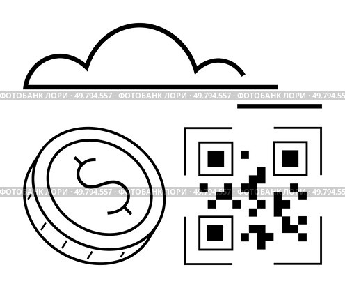 Cloud symbol, coin with dollar sign, and QR code in simple design. Ideal for finance, digital payments, cloud storage, technology, mobile apps cryptography security. Line metaphor. Cloud Storage, Digital Currency, and QR Code Integration for Modern Financial Solutions. Стоковая иллюстрация, агентство Ingram Publishing / Фотобанк Лори