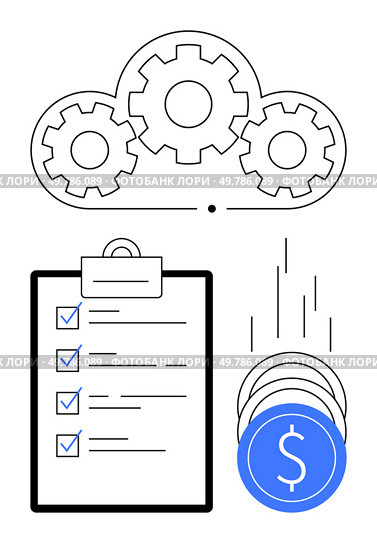 Cloud with gears, checklist clipboard, and falling coins. Ideal for project management, financial planning, cloud services, productivity, business strategy technology and efficiency concepts. Line. Efficient Project Management and Financial Planning with Cloud Integration and Checklist Tools. Стоковая иллюстрация, агентство Ingram Publishing / Фотобанк Лори