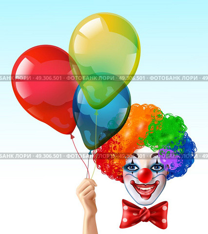 Clown Face With Balloons Bright Icon. Circus clown smiling face with bright three color wig and hand holding balloons realistic funny vector illustration. Стоковая иллюстрация, агентство Ingram Publishing / Фотобанк Лори
