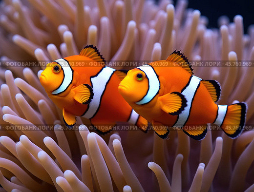 Clown fish or Clown anemonefish, Amphiprion bicolor, in natural habitat. Стоковое AI-изображение, AI-художник Евгений Ткачёв / Фотобанк Лори