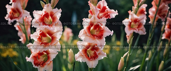 Clusters of stunning sword lilies display their vibrant pink, peach and cream petals, attracting pollinators in a peaceful garden setting during the soft light of dawn. Generative AI. Стоковое AI-изображение, AI-художник Юлия Петровская / Фотобанк Лори