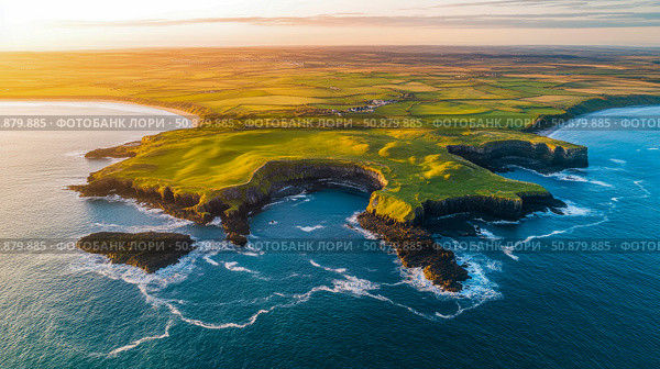 Coastal Splendor: A serene aerial showcasing sun-kissed cliffs meeting the azure ocean, backdrop of patchwork fields at sunset, perfect for travel promotion. Стоковое AI-изображение, AI-художник Данила Большаков / Фотобанк Лори