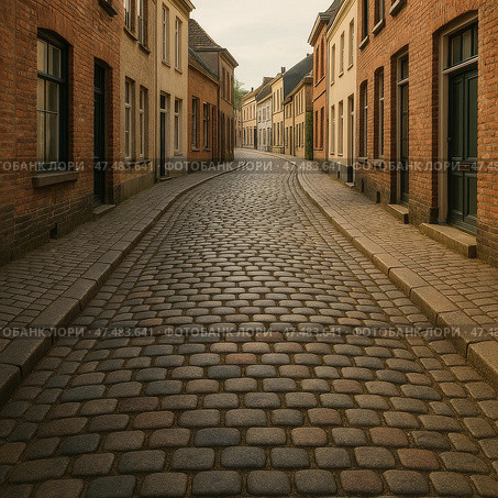 Cobblestone Street Winding Through Historic Buildings in a Quiet Neighborhood During Early Evening Light. Стоковое AI-изображение, AI-художник Юлия Гапеенко / Фотобанк Лори