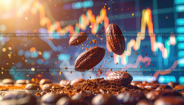 Cocoa beans and powder with financial graph symbolizing global commodity market chocolate industry investment trade price fluctuation trend. Стоковое AI-изображение, AI-художник Igor Tichonow / Фотобанк Лори