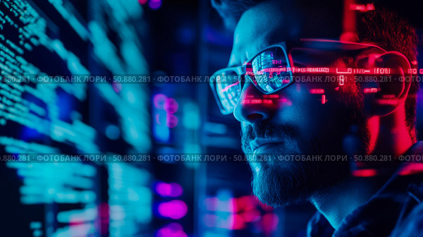 Code immersion: A programmer deeply focused on lines of code, illuminated by the glow of digital data streams reflected in his glasses in a blue and red color cast. Стоковое AI-изображение, AI-художник Данила Большаков / Фотобанк Лори