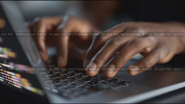 Coding session on laptop with hands focused on keyboard. Стоковое AI-видео, аниматор Сергей Толмачёв / Фотобанк Лори