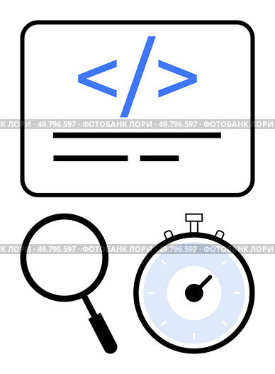 Coding tags on a screen magnifying glass stopwatch. Ideal for programming, development, debugging, performance, analysis, coding, speed optimization. Line metaphor. Web Development Elements with Coding Symbols, Magnifying Glass, and Stopwatch. Стоковая иллюстрация, агентство Ingram Publishing / Фотобанк Лори