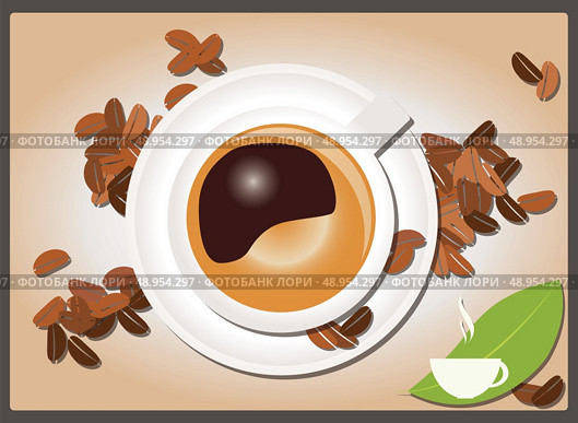 Coffee background with coffee cup and coffee beans, vector. Стоковая иллюстрация, агентство Ingram Publishing / Фотобанк Лори
