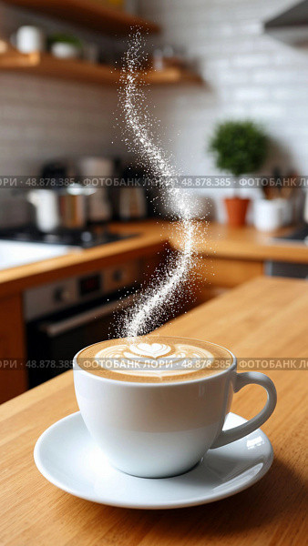 Coffee cup with intricate latte art on wooden countertop in cozy kitchen. Steam rising above creates artistic swirl pattern, soft lighting enhances warmth. Background kitchen elements blurred. Стоковое AI-изображение, AI-художник Olga Dmitrieva / Фотобанк Лори