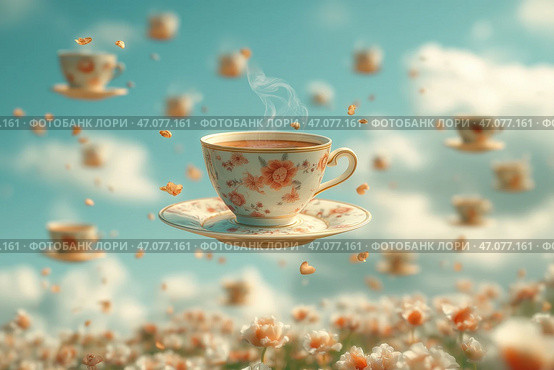 Coffee cups float gracefully through a whimsical sky filled with clouds. Кофейные чашки грациозно плывут по причудливому небу, наполненному облаками. Стоковое AI-изображение, AI-художник Katsiaryna Repich / Фотобанк Лори