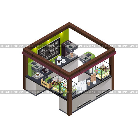 Coffee Kiosk Isometric Composition. Coffee stall outdoor concession stand isometric composition with different coffee varieties menu coffee machine and sweet cakes vector illustration. Стоковая иллюстрация, агентство Ingram Publishing / Фотобанк Лори