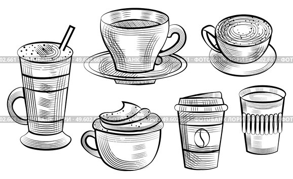 Coffee serving vector, isolated set of sketches outline. Bean on plastic container for beverage takeout, glass with straw layers of drink. Caffeine energy. Coffee Cup Ceramic and Plastic Containers Set. Стоковая иллюстрация, агентство Ingram Publishing / Фотобанк Лори