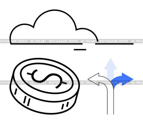 Coin with dollar sign, cloud, and directional arrows representing financial growth, decisions, and future opportunities. Ideal for finance, business strategy, investment, economic forecasting. Financial Growth and Decision-Making Concept with Coin, Cloud, and Directional Arrows. Стоковая иллюстрация, агентство Ingram Publishing / Фотобанк Лори