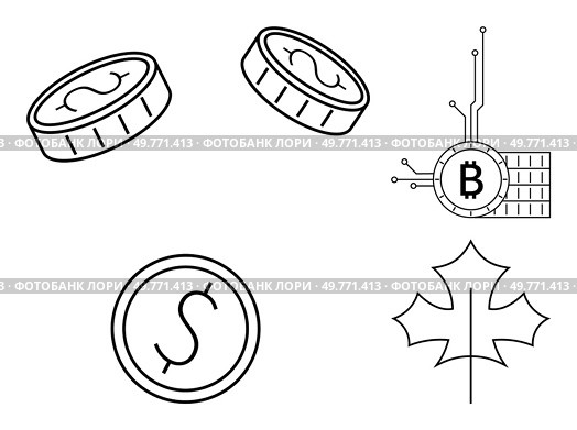 Coins with dollar symbols, a Bitcoin logo with digital circuitry, and a maple leaf. Ideal for finance, cryptocurrency, blockchain, Canada, digital currency. Simple monochrome vector, minimalist style. Cryptocurrency Coins and Canadian Maple Leaf in Minimalistic Design. Стоковая иллюстрация, агентство Ingram Publishing / Фотобанк Лори
