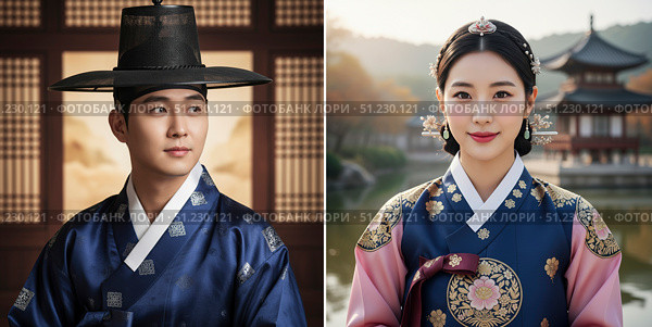 Collage - Koreans. Portrait of a couple in national costumes. Generated by AI. Стоковое AI-изображение, AI-художник Андрей Аркуша / Фотобанк Лори