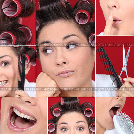 Collage of young woman with hair curlers. Стоковое фото, агентство Ingram Publishing / Фотобанк Лори
