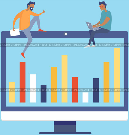 Colleagues talk about financial performance. Workers communicate solve business development issues, collaboration and discussion graphical business report with charts. Teamwork, joint work in company.. Colleagues talk about financial performance. Discussion about graphical business report with charts. Стоковая иллюстрация, агентство Ingram Publishing / Фотобанк Лори