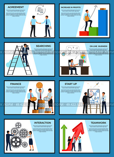 Collection of business posters with text. Isolated vector illustration of ambitious male and female employees carrying out their daily duties at work.. Set of Business Posters with Ambitious Employees. Стоковая иллюстрация, агентство Ingram Publishing / Фотобанк Лори