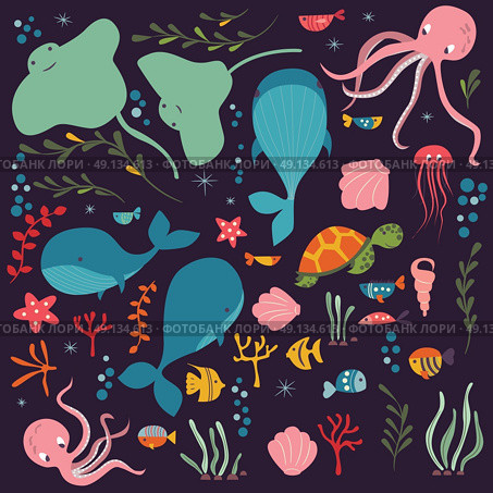 Collection of colorful sea and ocean animals, whale, octopus, stingray, jellyfish, turtle, coral, vector illustration. Стоковая иллюстрация, агентство Ingram Publishing / Фотобанк Лори