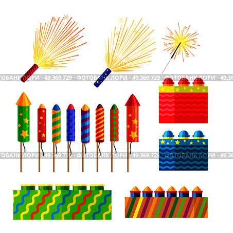 Collection of fireworks. New Year decorations. Illustration of different pyrotechnics in shape, size and colour. Attributes of New Year 2017. Bright explosions. Cartoon style. Flat design. Vector. Collection of Fireworks. New Year Decorations. Стоковая иллюстрация, агентство Ingram Publishing / Фотобанк Лори