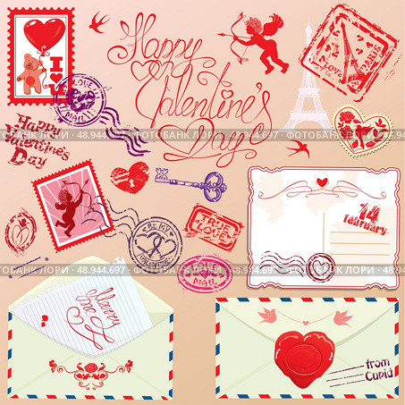 Collection of love mail design elements - stamps, envelops, postcard - Valentine`s Day or Wedding postage set. Стоковая иллюстрация, агентство Ingram Publishing / Фотобанк Лори