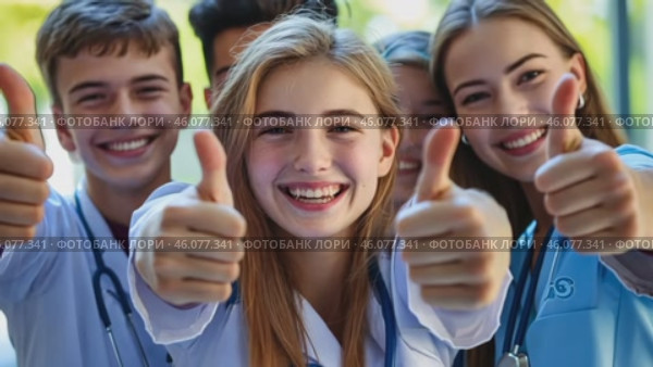 College Students with Thumbs Up gesture. Group of happy multiracial teenagers, boys and girls making like hand sign. Vote, winning or success. Closeup of people with yes sign or OK. Positive feedback. Стоковое AI-видео, аниматор Марина Демидюк / Фотобанк Лори