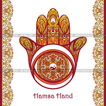 Colored arabic amulet hamsa hand with flower ornament vector illustration. Colored Hamsa Hand. Стоковая иллюстрация, агентство Ingram Publishing / Фотобанк Лори