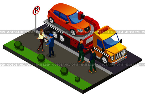Colored Isometric parking composition with employees take the car to the parking lot because of improper parking vector illustration. Colored Isometric Parking Composition . Стоковая иллюстрация, агентство Ingram Publishing / Фотобанк Лори