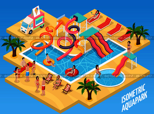 Colored water park aquapark isometric composition with sand beach sun beds swimming pool and visitors vector illustration. Colored Water Park Aquapark Isometric Composition. Стоковая иллюстрация, агентство Ingram Publishing / Фотобанк Лори