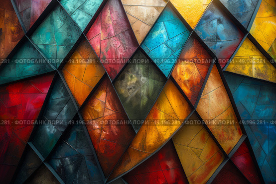 Colorful abstract wall art featuring geometric patterns and vibrant hues in a contemporary setting. Стоковое AI-изображение, AI-художник Климов Денис / Фотобанк Лори