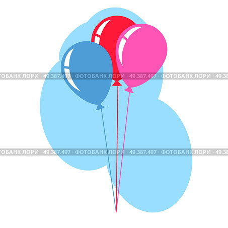 Colorful air balloons isolated on background of cloud in sky. Cartoon entertaining elements flying in the air. Vector illustration of balloons in flat style design of blue, red and pink color. Color Air Balloons Isolated on Background of Sky. Стоковая иллюстрация, агентство Ingram Publishing / Фотобанк Лори