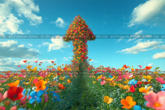 Colorful arrow-shaped flower display in a vibrant field under blue sky. Красочный цветок в форме стрелы на ярком поле под голубым небом. Стоковое AI-изображение, AI-художник Katsiaryna Repich / Фотобанк Лори