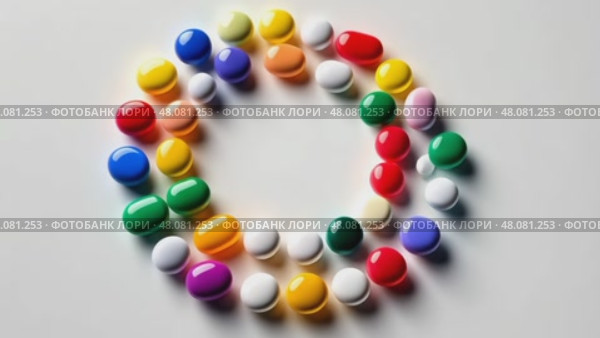 Colorful assortment of pills are arranged in a circle. Стоковое AI-видео, аниматор Sergey Grishin / Фотобанк Лори