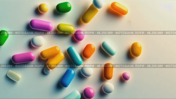 Colorful assortment of pills on a white background. Стоковое AI-видео, аниматор Sergey Grishin / Фотобанк Лори