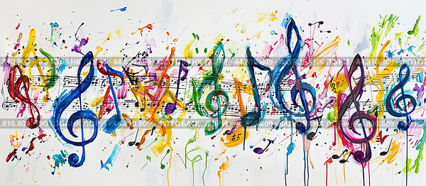 Colorful background with musical notes and treble clef in colorful colors. Стоковое AI-изображение, AI-художник Ярославский Максим / Фотобанк Лори